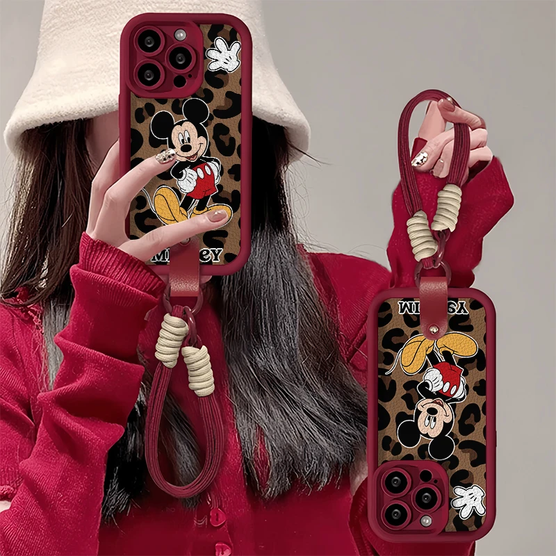 豹纹米奇带挂绳适用于苹果16/15/华为OPPO荣耀VIVO小米卡通手机壳