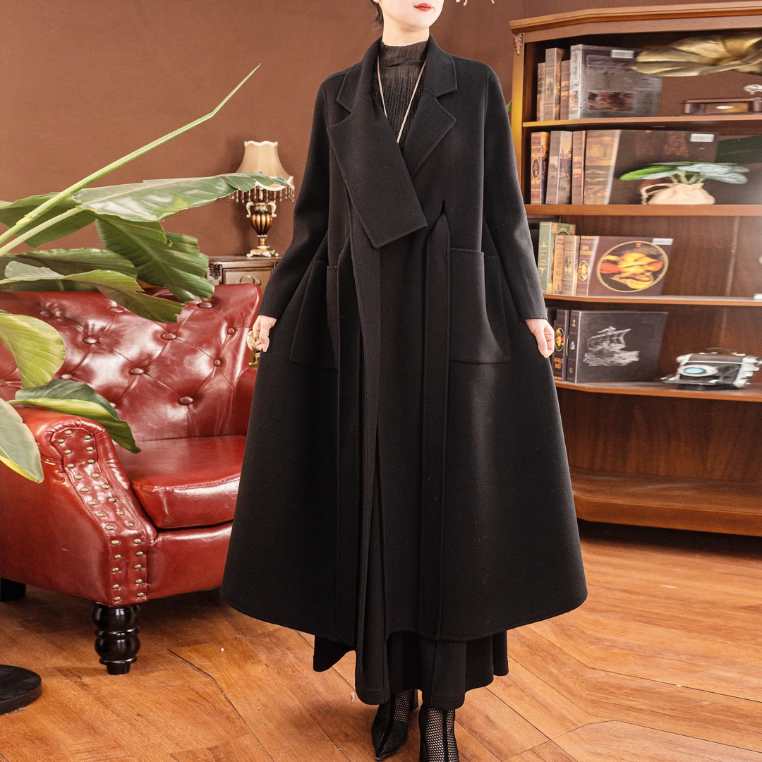 浮简秋冬重工大气绵羊毛手缝黑色外套大衣XD0882