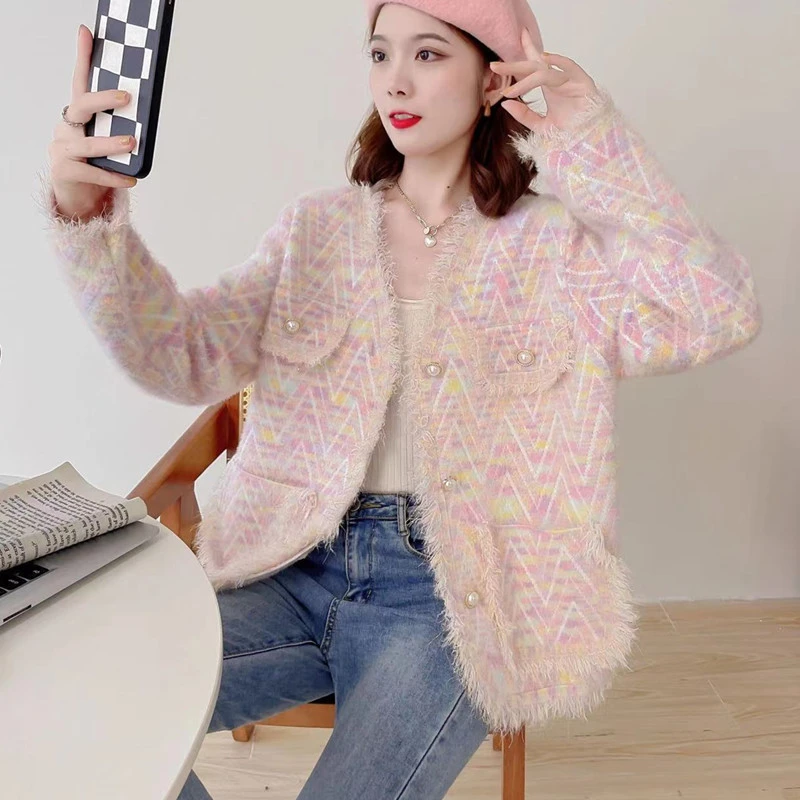 秋季设计感V领小香风外套女仿水貂绒流苏高级感针织开衫宽松上衣