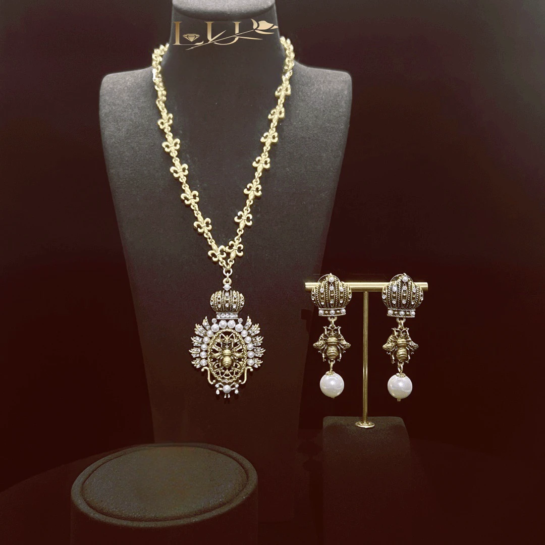 铜合金项链 蜜蜂皇冠元素项链套装轻奢气质欧美宫廷风复古