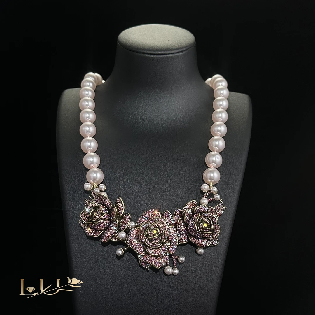 铜合金仿珍珠项链 爱情玫瑰  紫色满钻镶嵌防珍珠项链复古重工