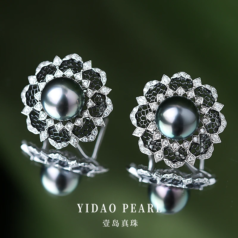 大溪地黑珍珠豪华耳钉925银黑蕾丝工艺10-11mm