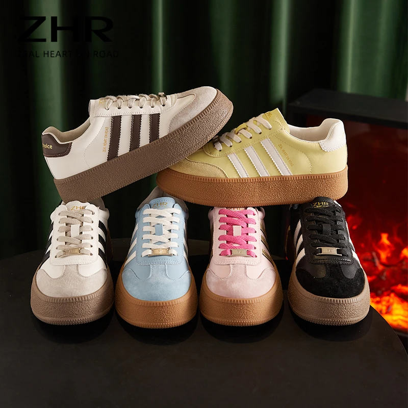 ZHREJ29 真皮小白鞋女2023秋新款厚底休闲板鞋百搭拼色系带阿甘鞋