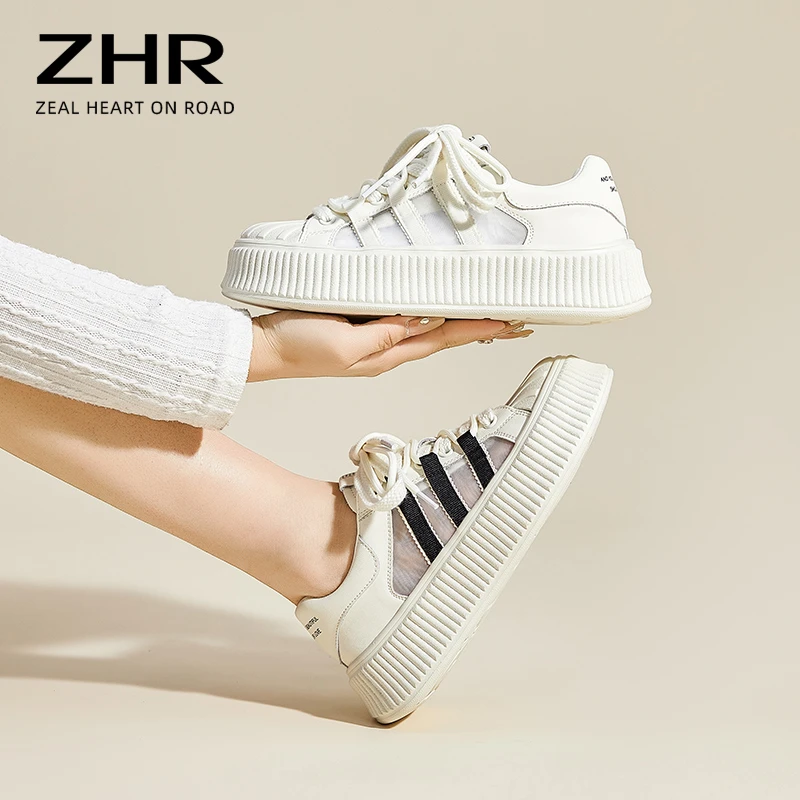 ET02真皮贝壳头小白鞋女2023夏款薄款网面板鞋百搭厚底饼干鞋