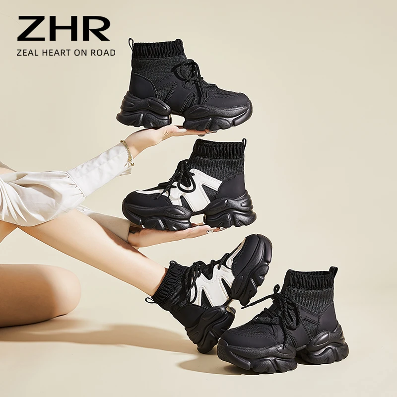ZHREJ32 厚底高帮鞋女2023年秋季新款网红系带潮鞋百搭显瘦运动鞋