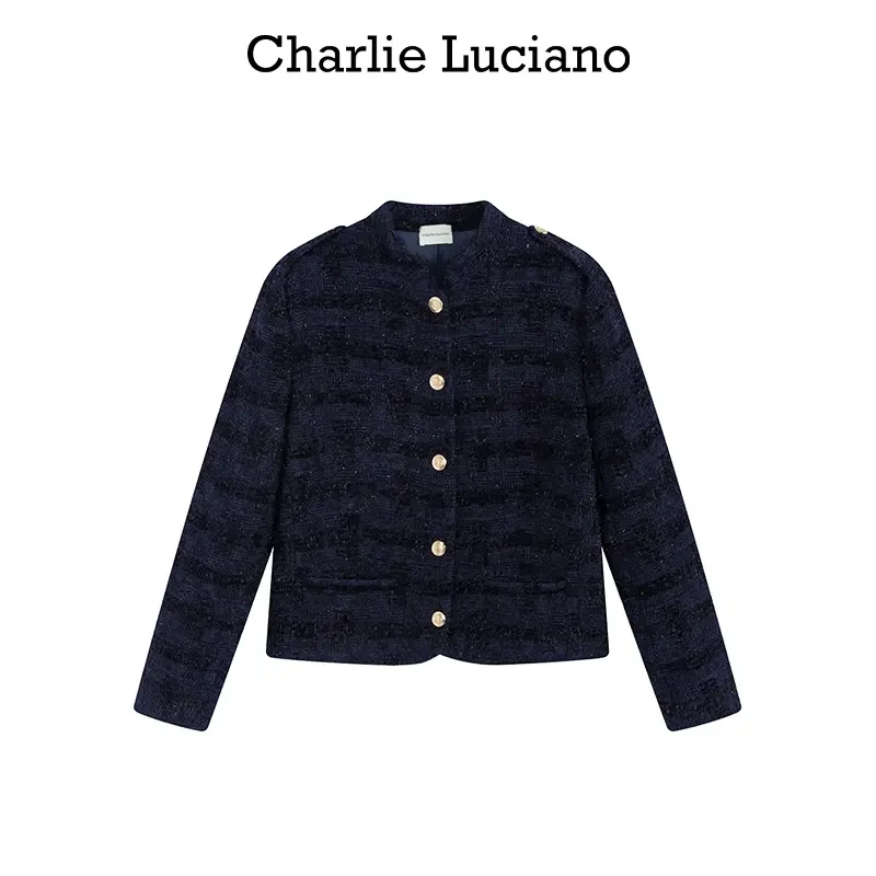 Charlie Luciano粗花呢贴皮刺绣标识夹克宽松男女同款CL外套