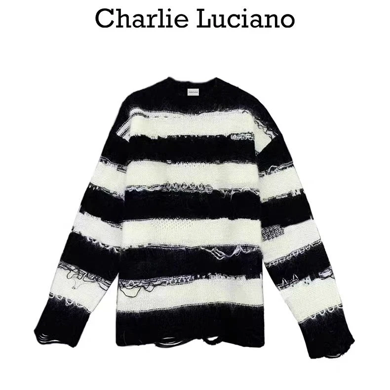 Charlie Luciano#新款小鬼王琳凯迪丽热巴同款破坏条纹流苏上衣