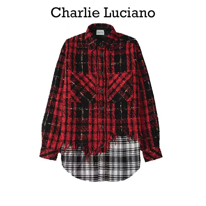 Charlie Luciano格纹衬衫男女同款复古拼接宽松小香风外套男装