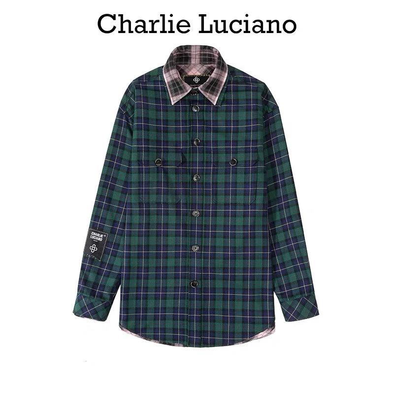 Charlie Luciano个性小香风外套男2024春款复古格纹两面穿衬衫*