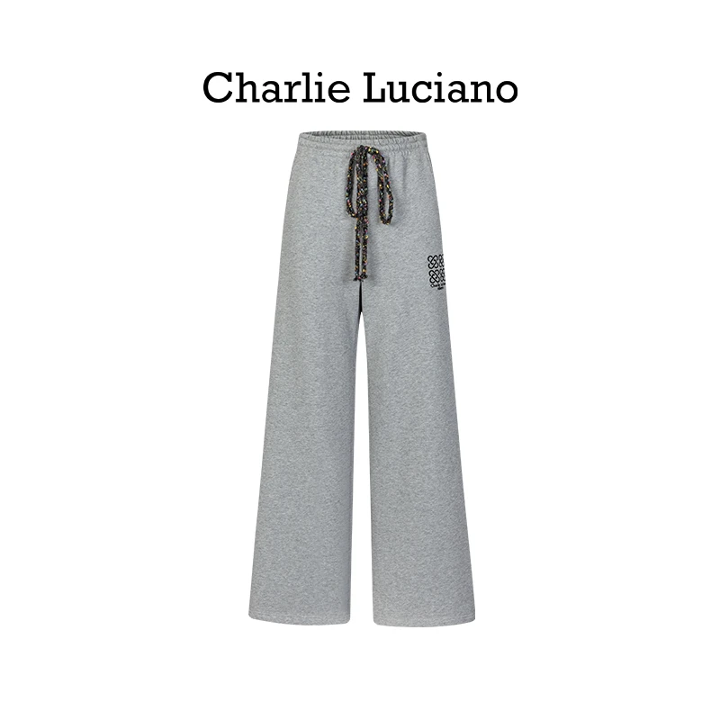 Charlie Luciano标识刺绣卫裤宽松显瘦秋季新款潮牌高腰抽绳长裤