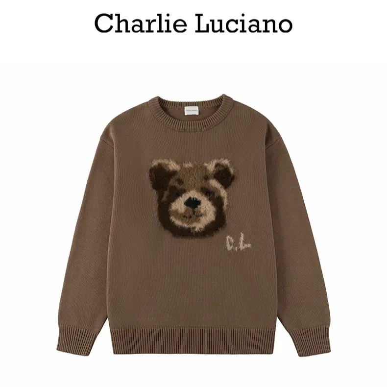 Charlie Luciano棕熊毛衣女2024春秋新款棕色情侣圆领宽松上衣