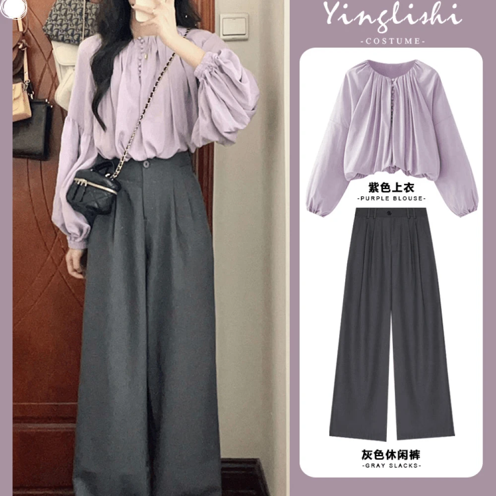茶系穿搭一整套早秋2024时尚微胖韩剧小香风初恋奶甜紫色衬衫裤子
