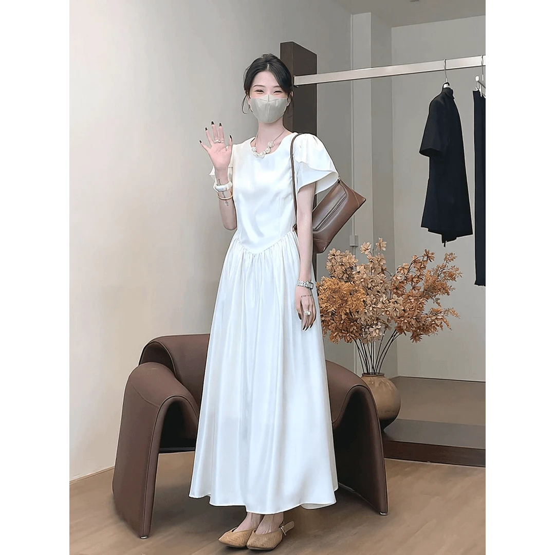 法式设计白色连衣裙女2024夏季新款大码胖mm梨形身材高腰显瘦长裙