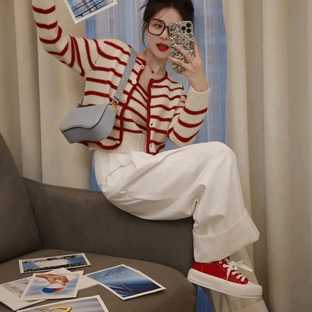2024早秋新款针织外套搭配吊带背心两件套小个子时尚百搭白色裤子