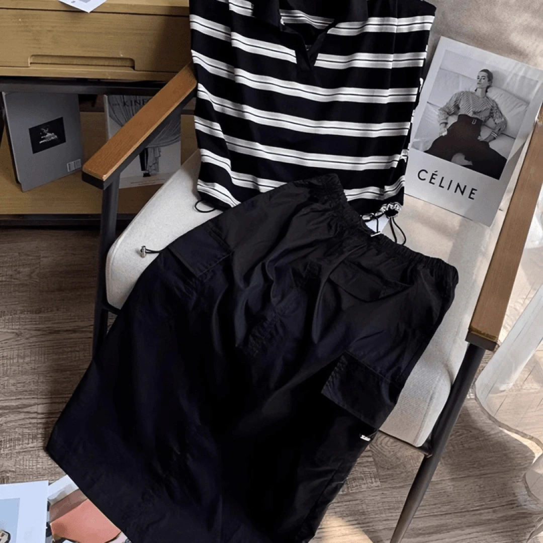 条纹无袖坎肩POLO衫工装半身裙两件套女夏季大码胖mm遮肉显瘦套装