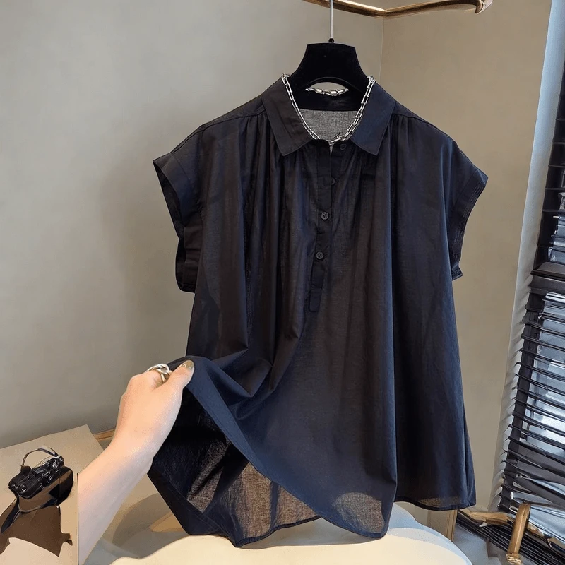 黑色飞飞袖Polo领衬衫女夏大码显瘦宽松上衣今年流行漂亮开叉