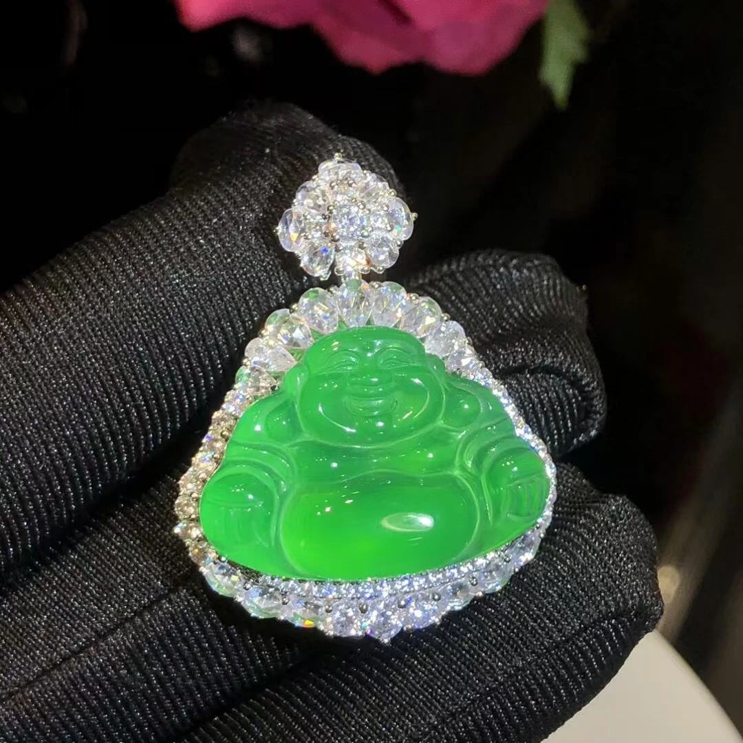 s925银饰镶嵌小众天然玉石珠宝绿玉髓中号佛公挂件吊坠拉丝开盖款
