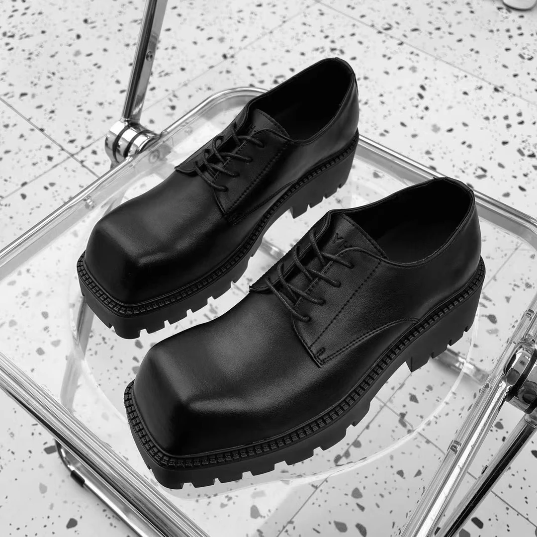 3101新款方头皮鞋男款增高厚底松糕底休闲增高德比鞋ins潮纯色