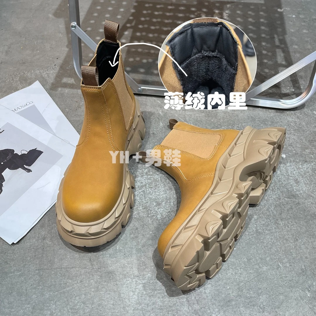 9281增高6cm切尔西靴一脚蹬大黄男靴厚底复古圆头秋冬保暖潮鞋