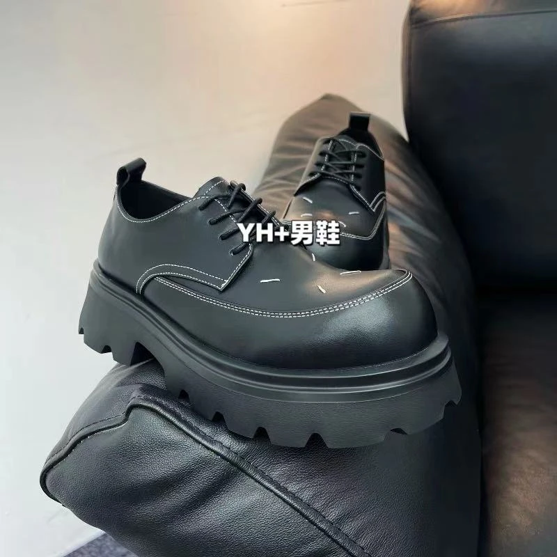 7765增高6cm休闲德比鞋男黑色系带圆头厚底百搭男士时尚皮鞋复古