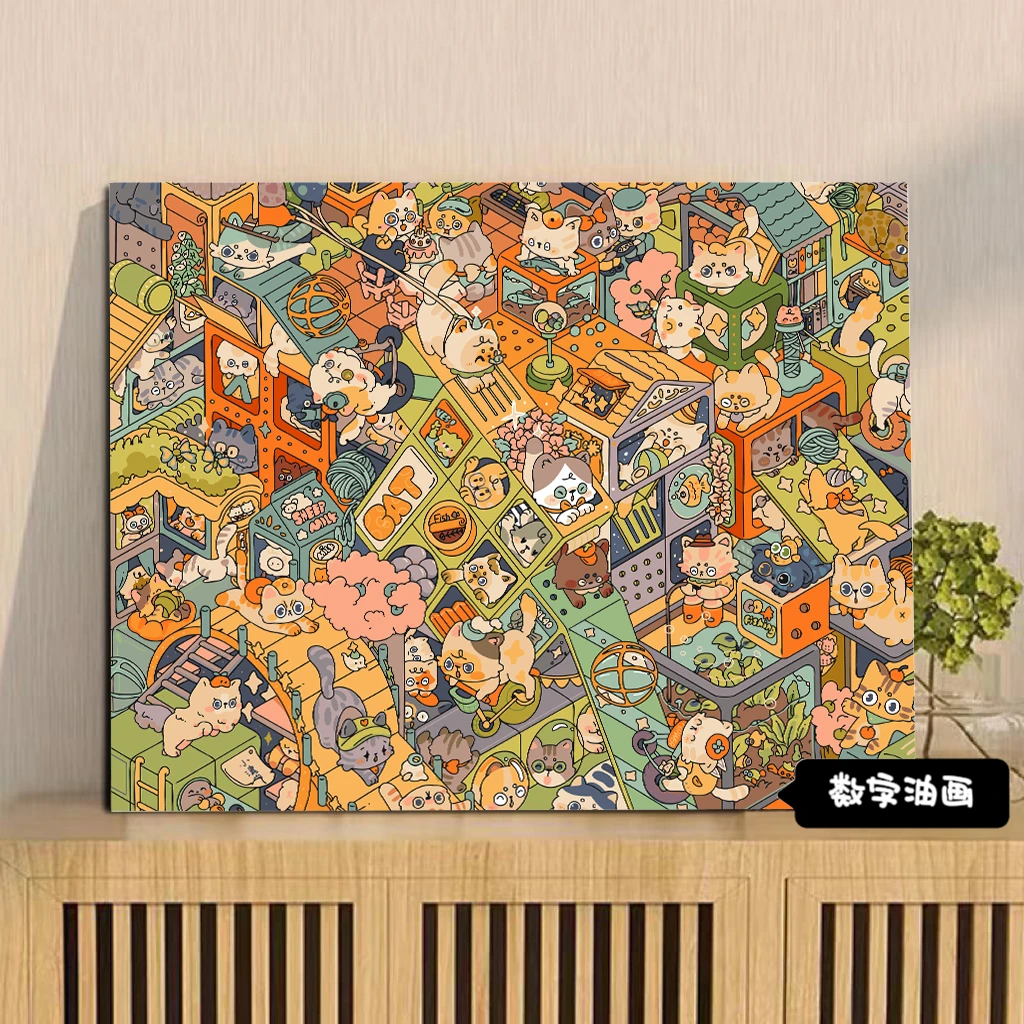 狗舍猫舍数字油画diy手绘填色麻小花作品猫别墅插画丙烯装饰画