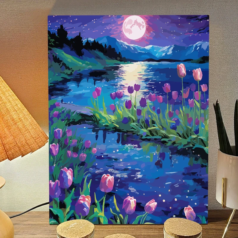 郁金香数字油画手工填色花卉植物风景治愈减压丙烯涂绘客厅装饰画