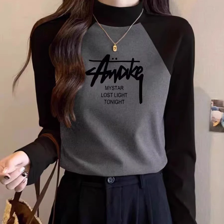 半高领德绒拼接打底衫女新款小立领时尚洋气显瘦长袖保暖百搭上衣