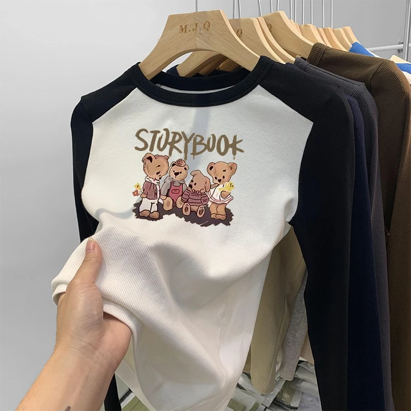 秋冬新款正肩长袖t恤女加厚打底衫拼色插肩印花德绒圆领保暖上衣