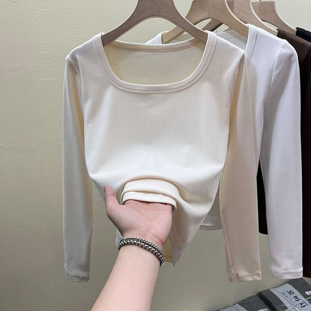 秋冬新款方领加厚收腰简约纯色打底上衣舒适内搭洋气德绒长袖t恤