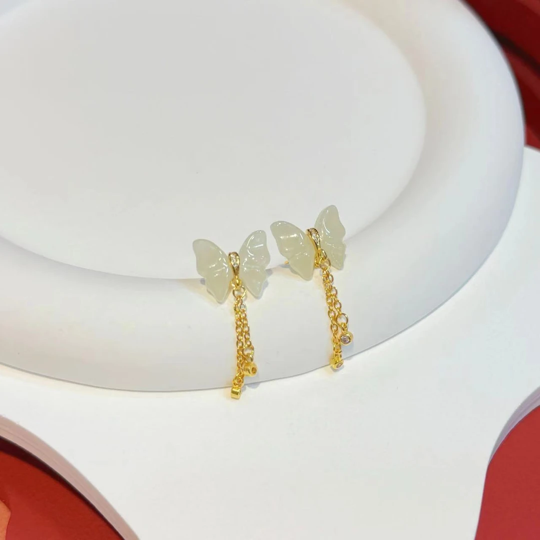 S925银镶嵌流苏13*11mm白玉蝴蝶耳坠HNZ7577