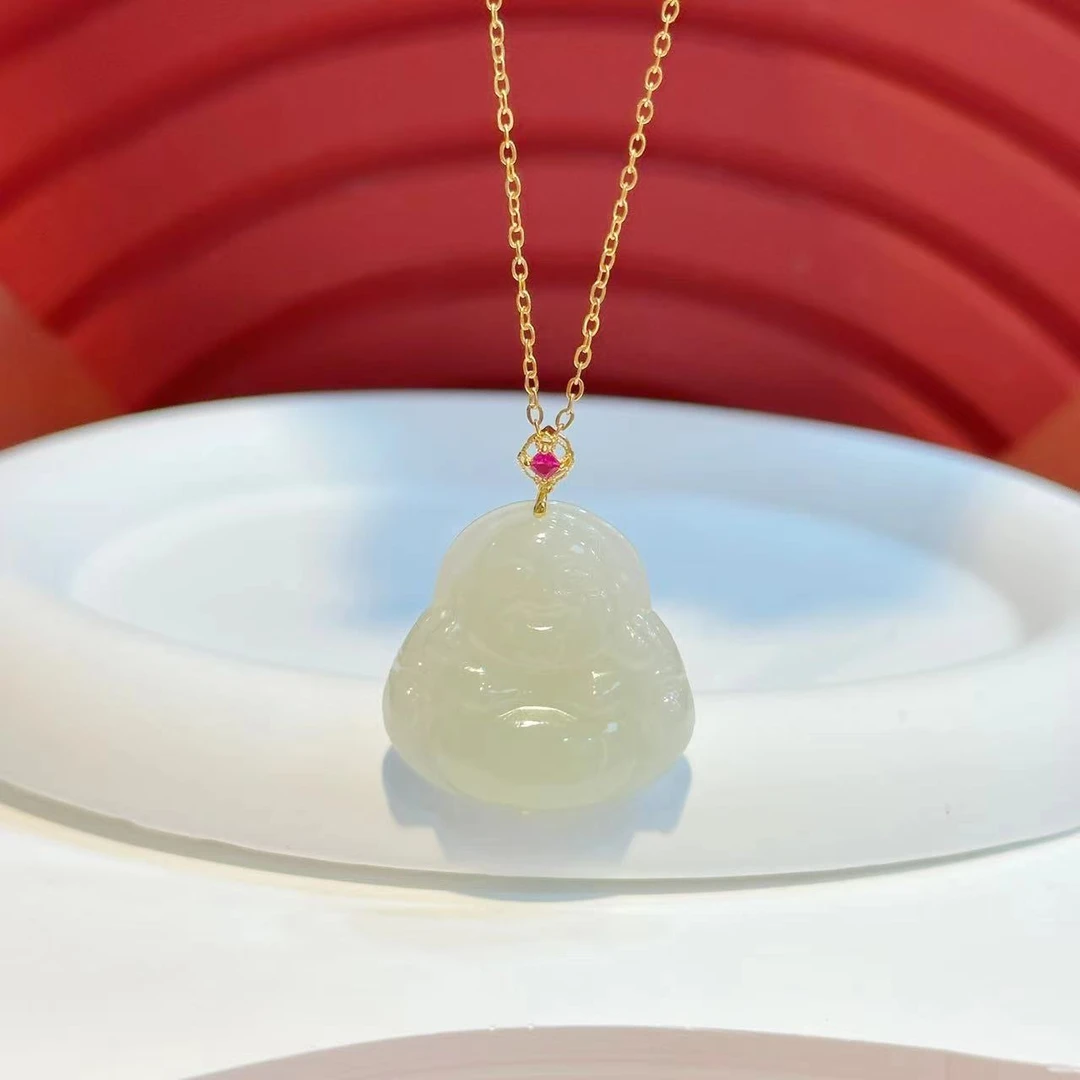 18K金棱形扣头25*26mm白玉大佛公（多样性发其一）HNZ1355