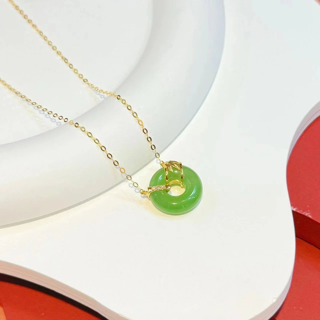 18K金竹节镶嵌14mm和田玉苹果绿甜甜圈环环相扣套链HNZ7597