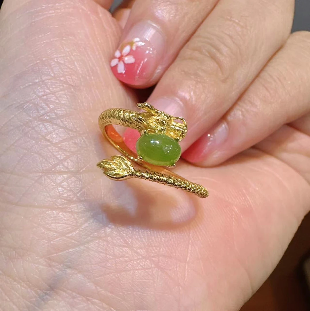 S925银镶嵌碧玉龙戒指HNZ4111