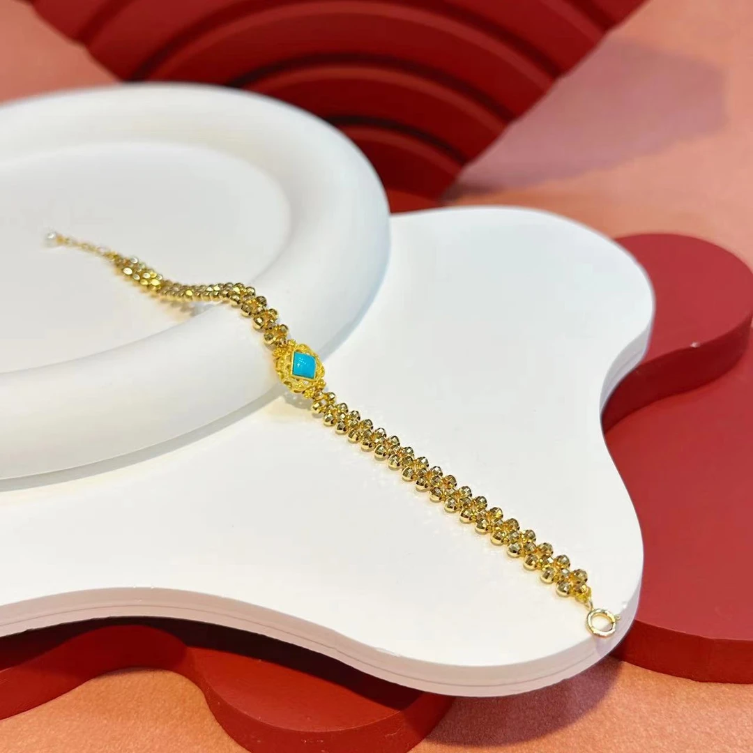 18K金爆闪珠珠绿松方形手链HNZ7121