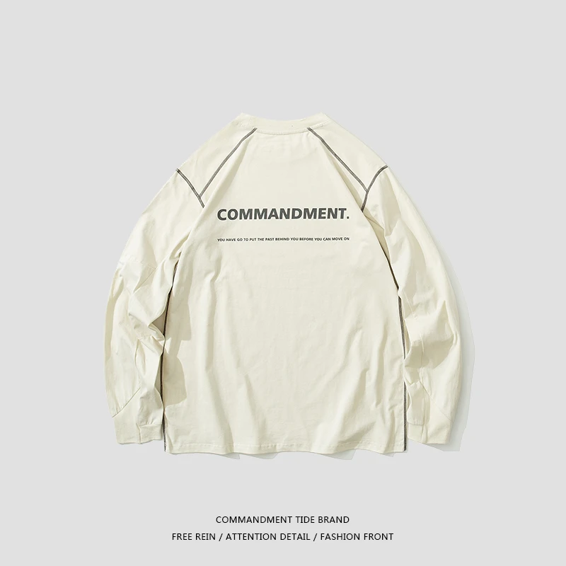 COMMANDMENT春秋宽松休闲情侣擦肩款明线圆领印花套头打底长袖T恤