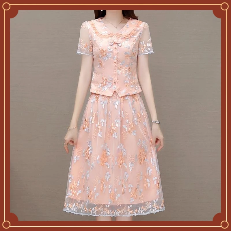 成套搭配减龄套装裙2024新款夏季娃娃领时尚两件套裙女