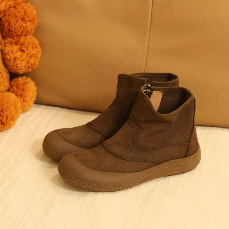 牛皮休闲圆头软底女士短靴