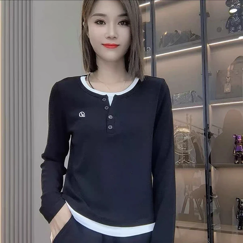 欧洲站春秋新款撞色假两件正肩长袖圆领修身打底衫休闲时尚T恤潮