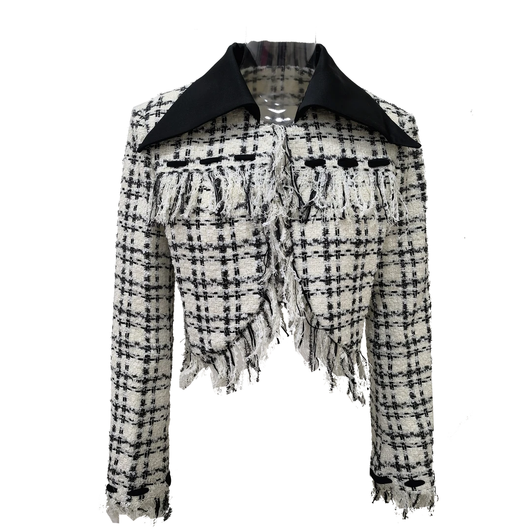 【彭彭echo专属】YAKI PAN气质时尚修身外套黑白流苏边小香风设计师