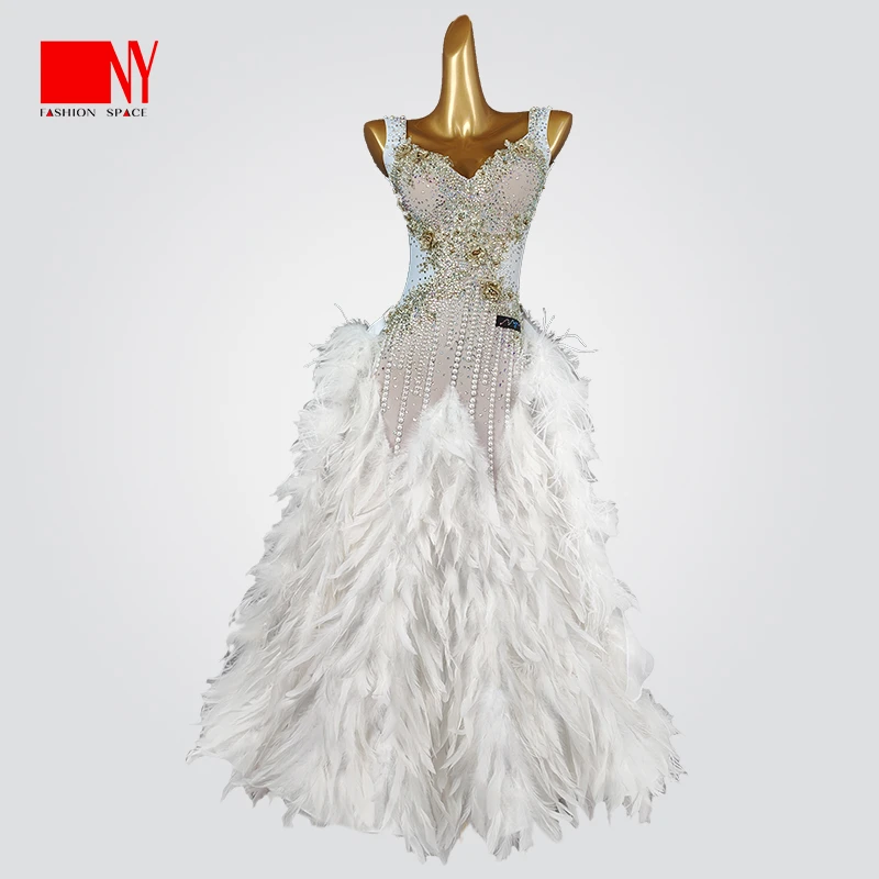 NY纳艺迎春花款赛裙冰丝弹力网白色女士演出服轻奢羽毛款摩登裙