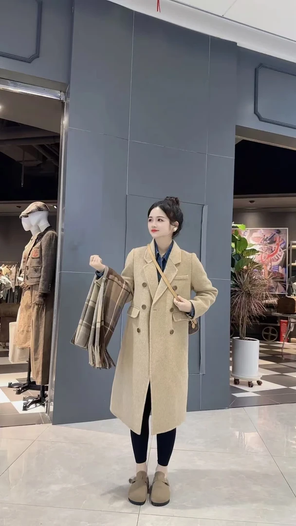【布拉格】小个子定制中长款气质正肩时尚韩版人字纹双面呢大衣