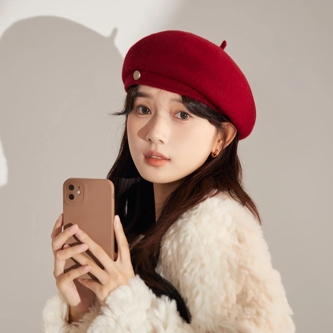 冬天毛呢贝雷帽女生韩版小头围纯色南瓜帽气质复古酒红色画家帽子