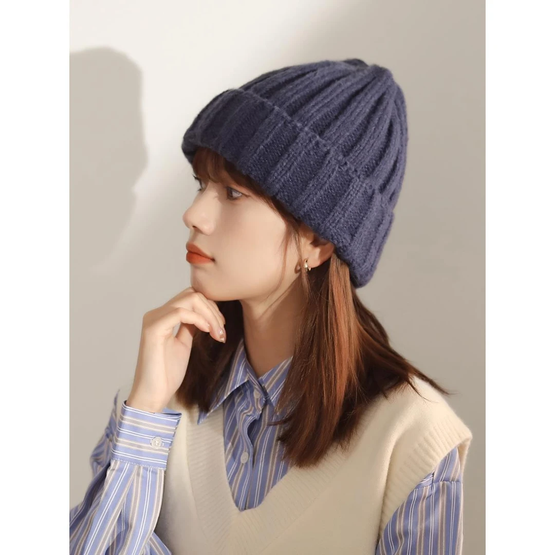 纯色锥顶针织帽女高品质显脸小藏青色套头帽冬季百搭保暖毛线帽男