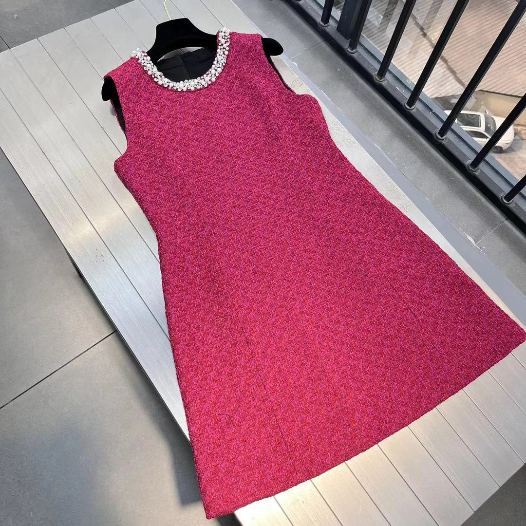 W1965秋款精致气质法式浪漫红色背心连衣裙女收腰显瘦显摆A子裙