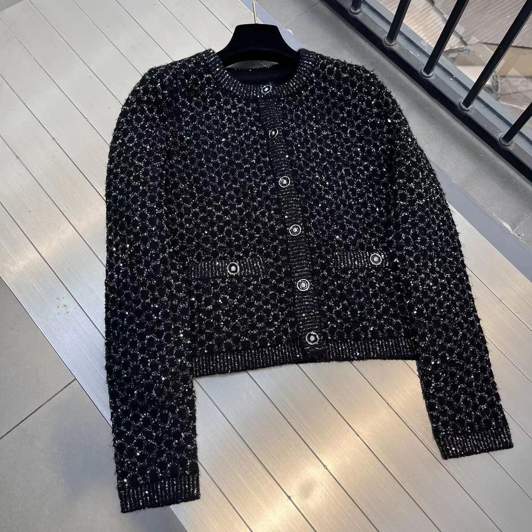 W1950短款秋冬新款小香风名媛重工亮丝圆领针织开衫外套女