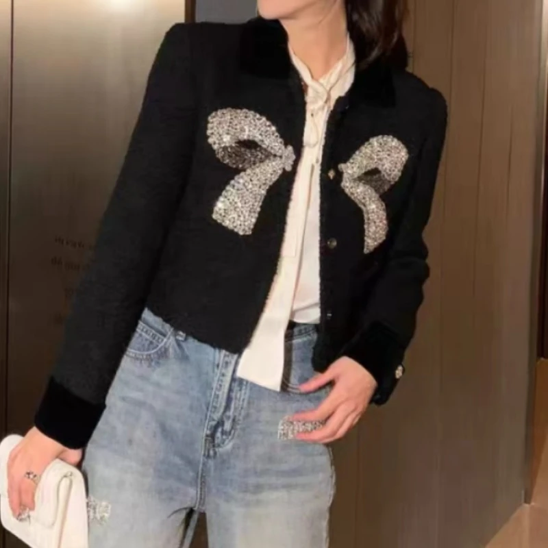 W2018早秋法式小香风蝴蝶结钉珠外套女名媛气质粗花呢短款上衣