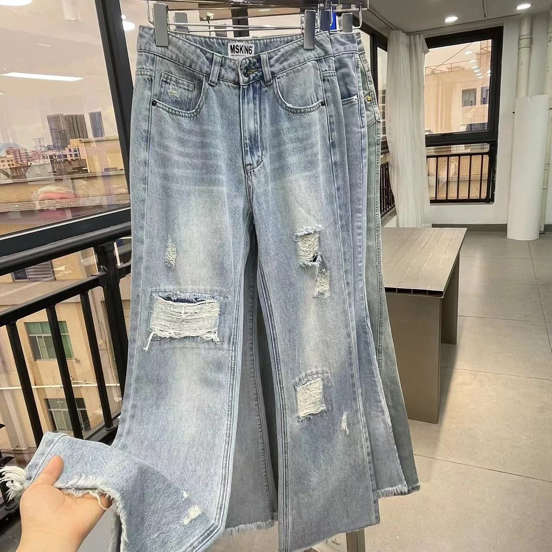W1030--早秋新款水洗复古浅蓝色长裤破洞牛仔时尚显瘦百搭牛仔裤.