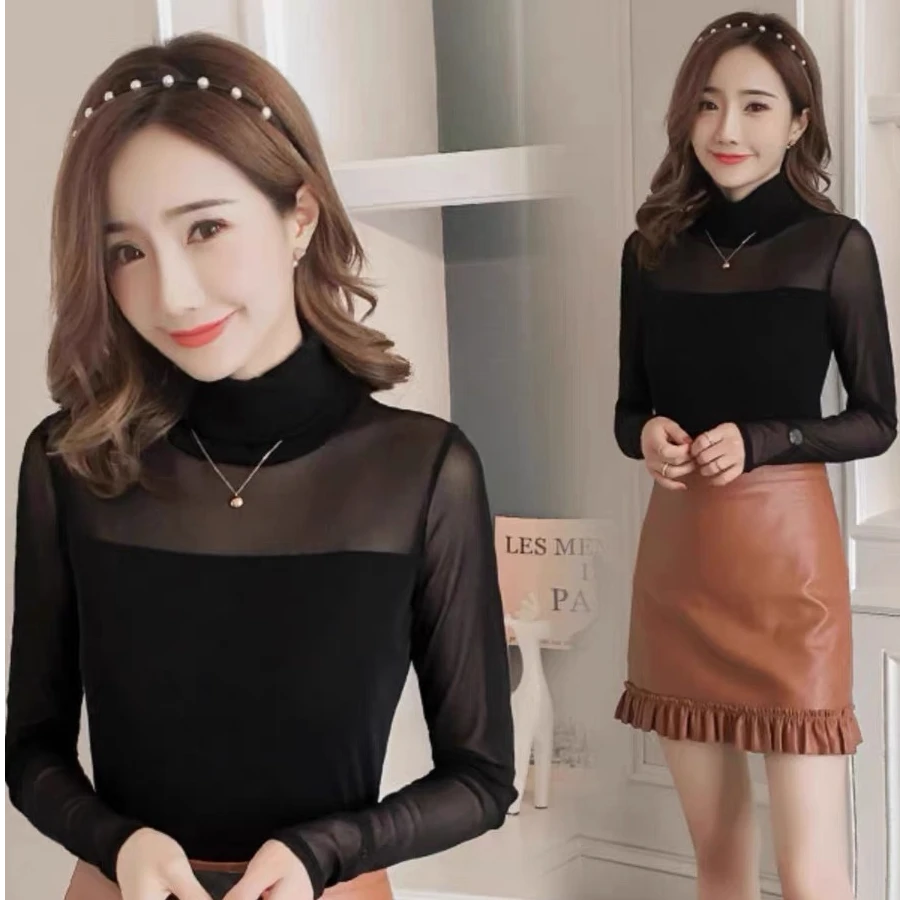 高领薄款网纱打底衫2024新款春秋百搭大码修身显瘦长袖小衫女