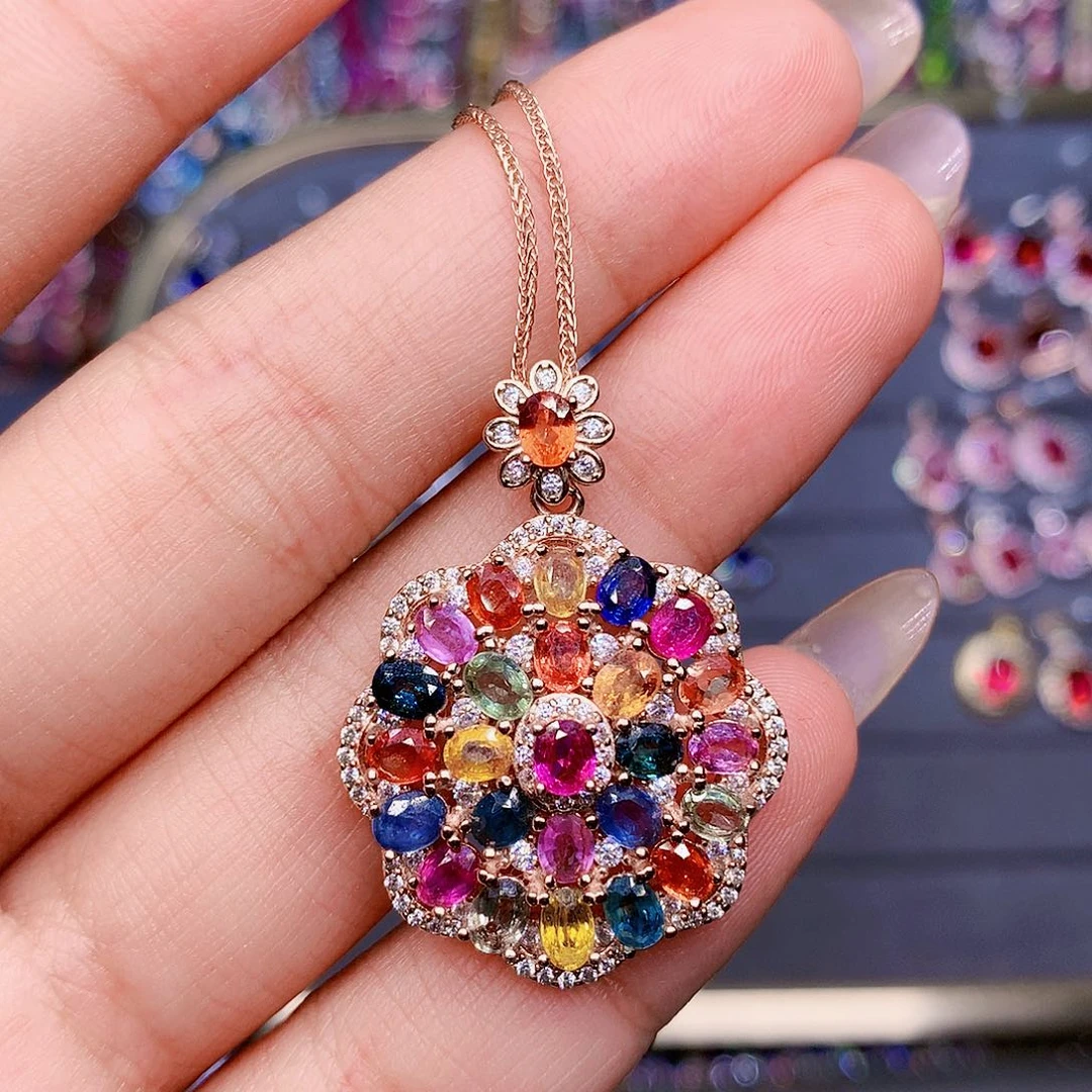 彩色蓝宝石吊坠(赠链)银S925镶嵌