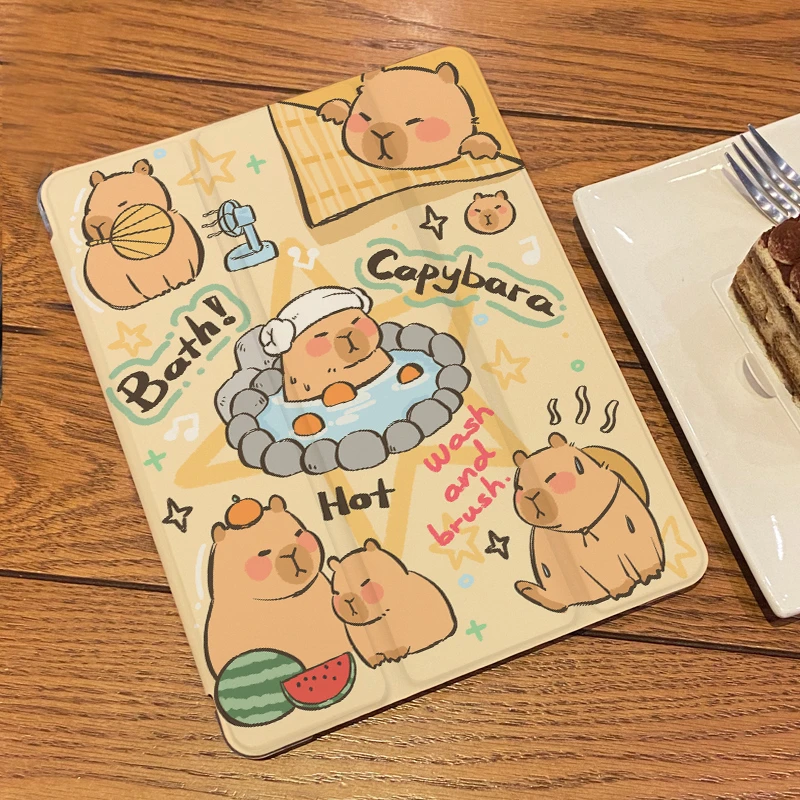 【三折式卡皮巴拉】硅胶适用苹果保护壳平板套MatePad笔槽air6可